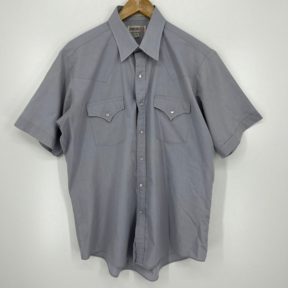 Sheplers Mens Grey Western Pearl Snap Short Sleeve Shirt Size 16.5 Cowboy Vtg